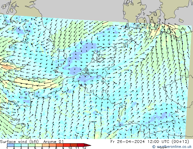 Surface wind (bft) Arome 01 Fr 26.04.2024 12 UTC