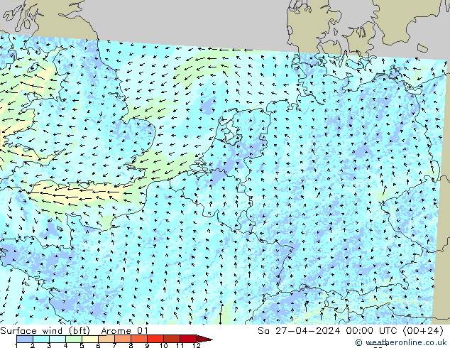 Vento 10 m (bft) Arome 01 sab 27.04.2024 00 UTC