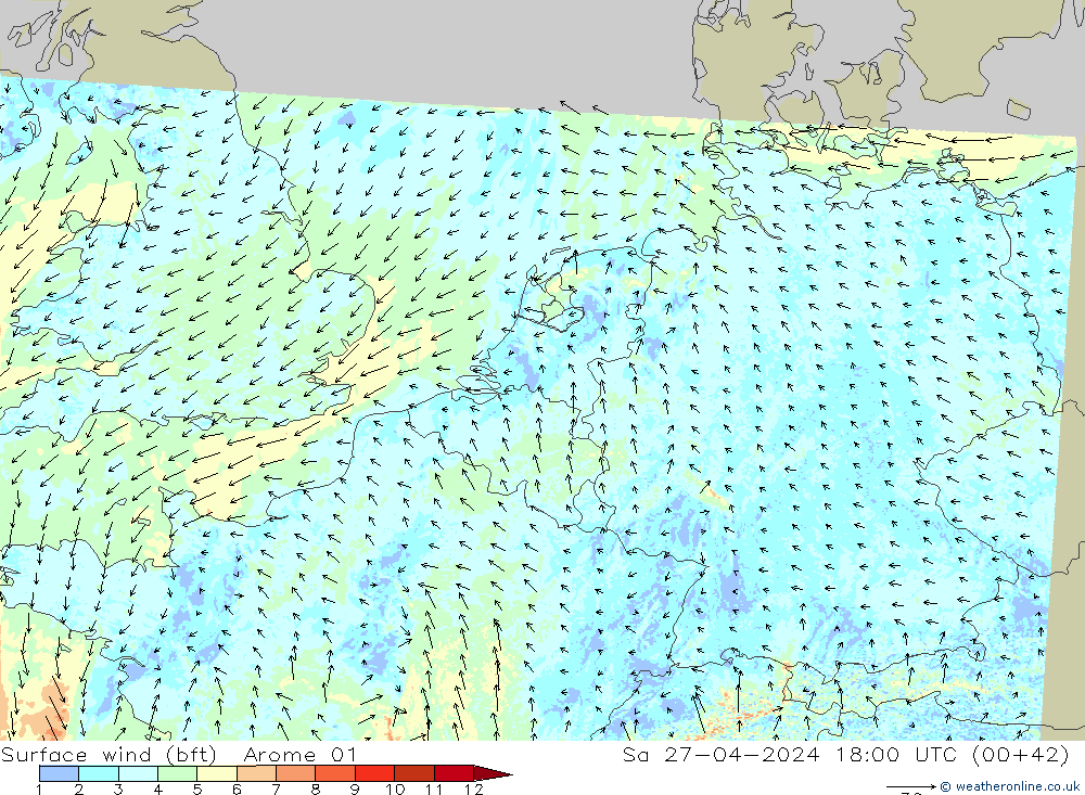 Surface wind (bft) Arome 01 So 27.04.2024 18 UTC