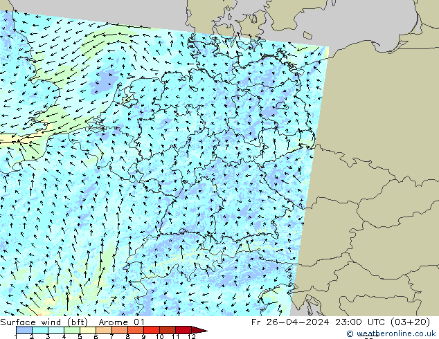 Surface wind (bft) Arome 01 Fr 26.04.2024 23 UTC