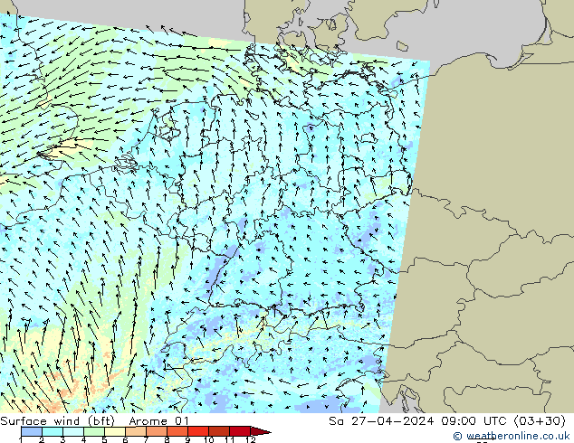 Surface wind (bft) Arome 01 Sa 27.04.2024 09 UTC