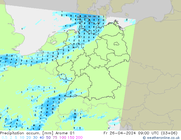 Precipitation accum. Arome 01 pt. 26.04.2024 09 UTC