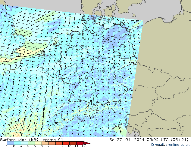 Surface wind (bft) Arome 01 Sa 27.04.2024 03 UTC