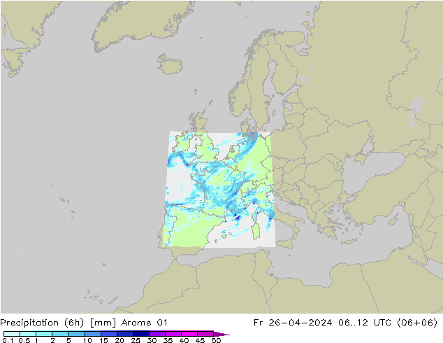 Precipitation (6h) Arome 01 Fr 26.04.2024 12 UTC