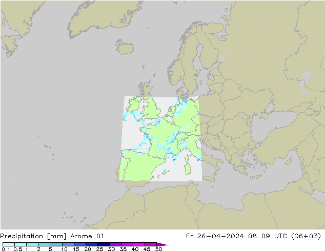 Srážky Arome 01 Pá 26.04.2024 09 UTC