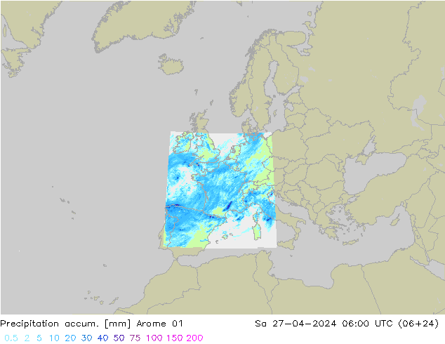 Totale neerslag Arome 01 za 27.04.2024 06 UTC
