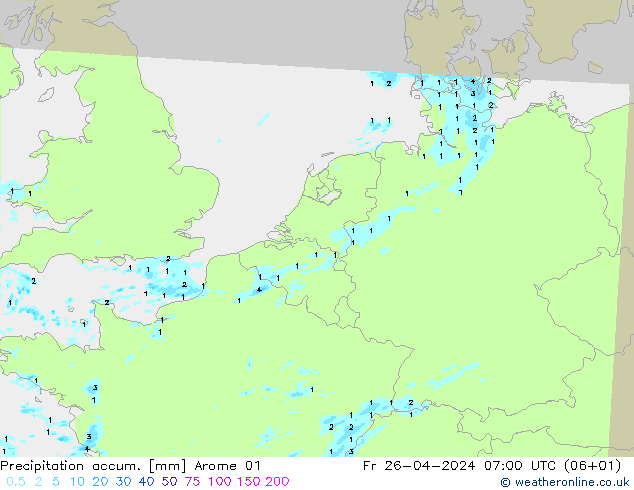 Precipitation accum. Arome 01 Fr 26.04.2024 07 UTC