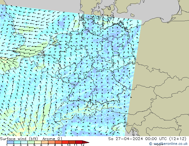 wiatr 10 m (bft) Arome 01 so. 27.04.2024 00 UTC