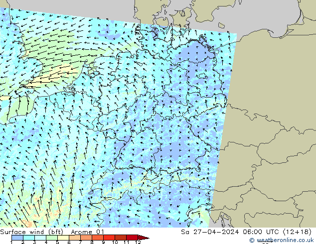 Surface wind (bft) Arome 01 Sa 27.04.2024 06 UTC