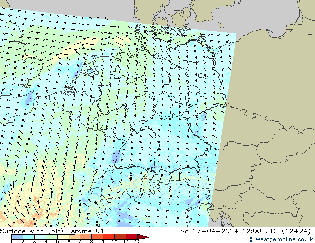 Wind 10 m (bft) Arome 01 za 27.04.2024 12 UTC