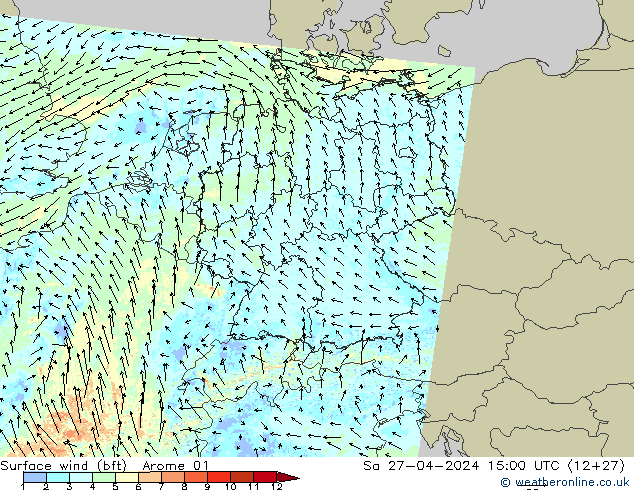 Surface wind (bft) Arome 01 Sa 27.04.2024 15 UTC
