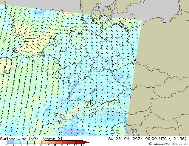 Surface wind (bft) Arome 01 Su 28.04.2024 00 UTC