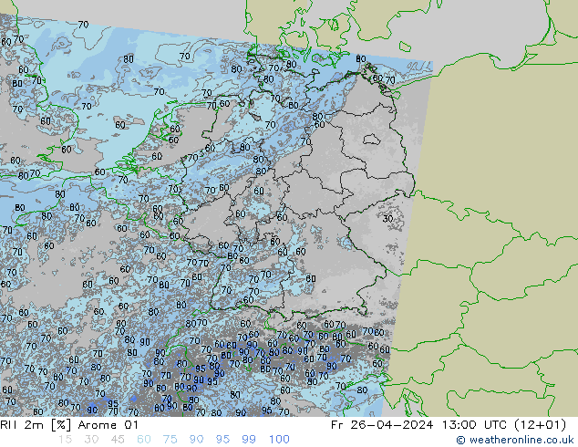 Humidité rel. 2m Arome 01 ven 26.04.2024 13 UTC