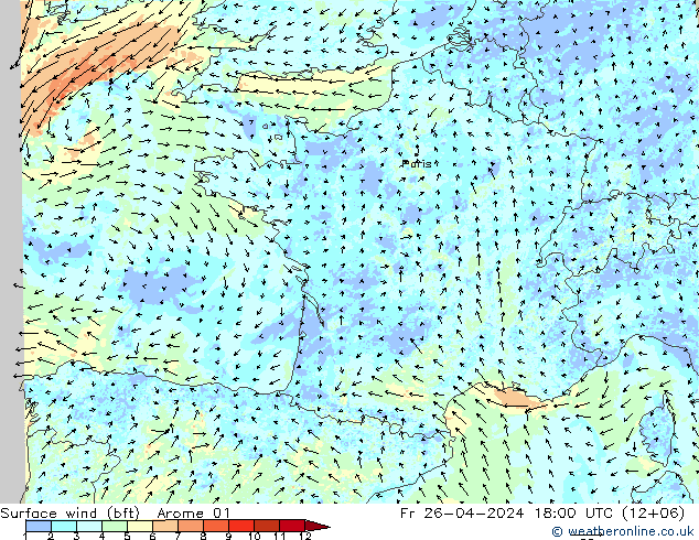 Wind 10 m (bft) Arome 01 vr 26.04.2024 18 UTC
