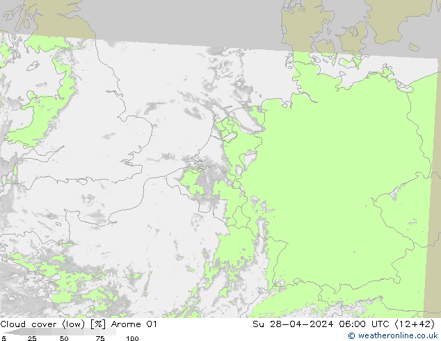 Cloud cover (low) Arome 01 Su 28.04.2024 06 UTC