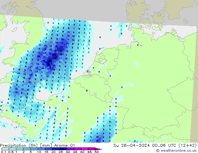 Precipitation (6h) Arome 01 Ne 28.04.2024 06 UTC