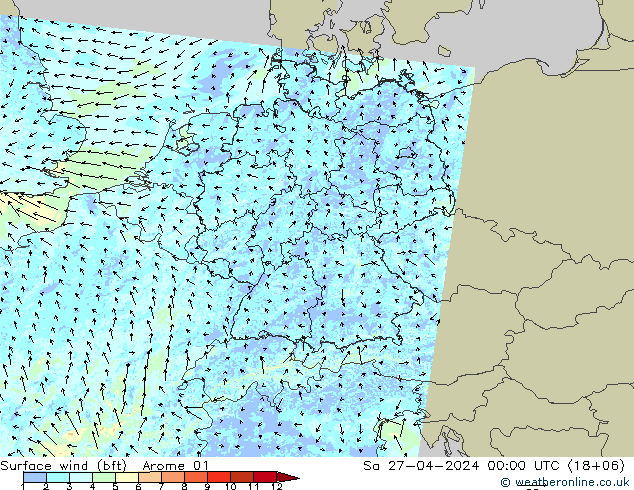 Surface wind (bft) Arome 01 So 27.04.2024 00 UTC