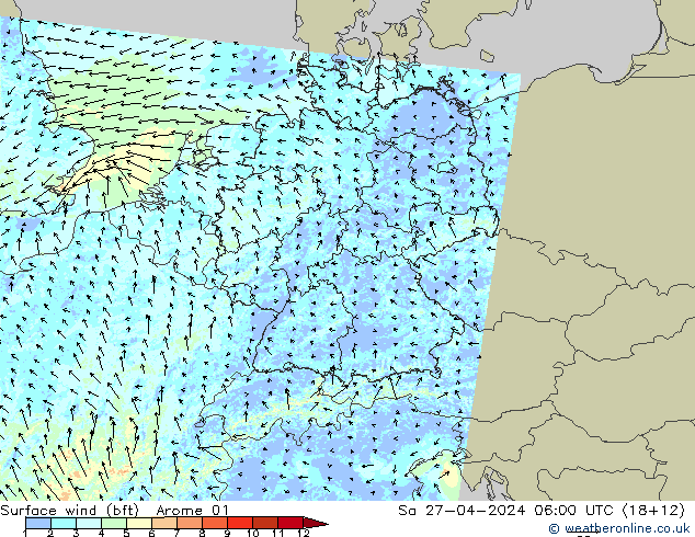 Surface wind (bft) Arome 01 So 27.04.2024 06 UTC