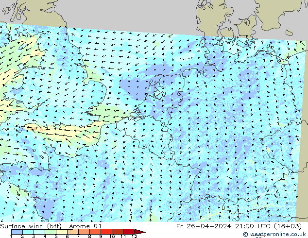 Wind 10 m (bft) Arome 01 vr 26.04.2024 21 UTC