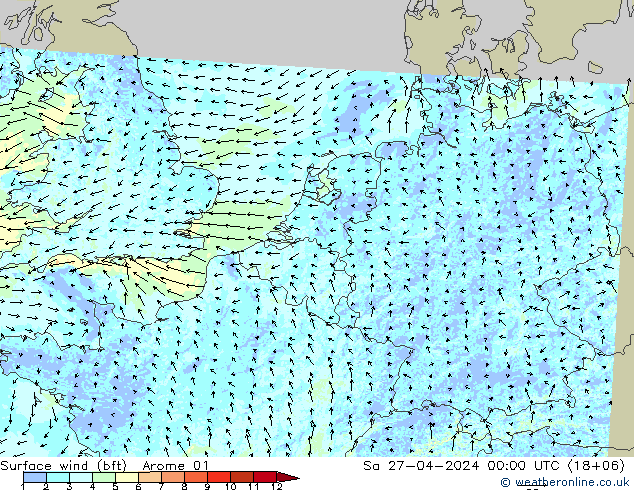 wiatr 10 m (bft) Arome 01 so. 27.04.2024 00 UTC