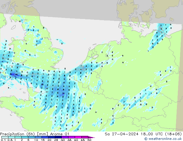 Precipitazione (6h) Arome 01 sab 27.04.2024 00 UTC