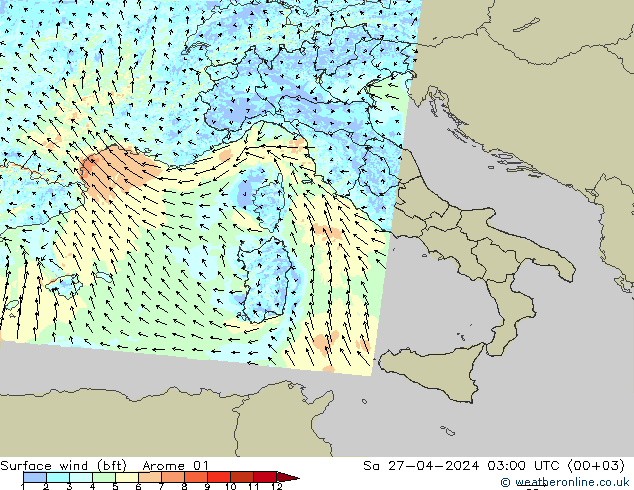 Surface wind (bft) Arome 01 Sa 27.04.2024 03 UTC
