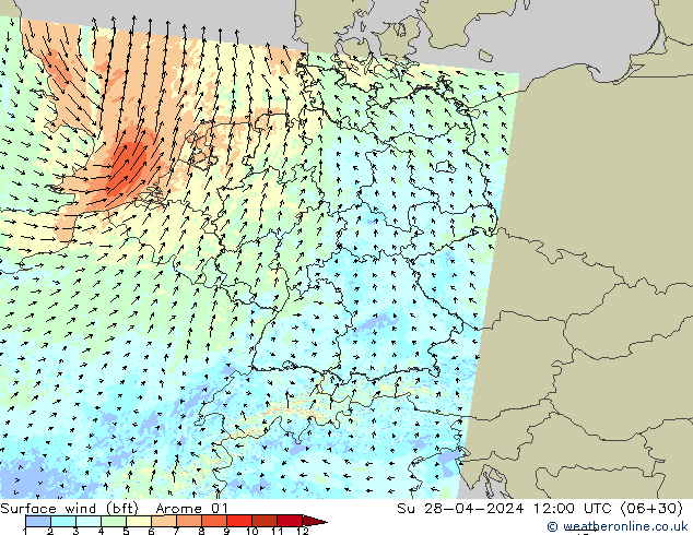 Bodenwind (bft) Arome 01 So 28.04.2024 12 UTC