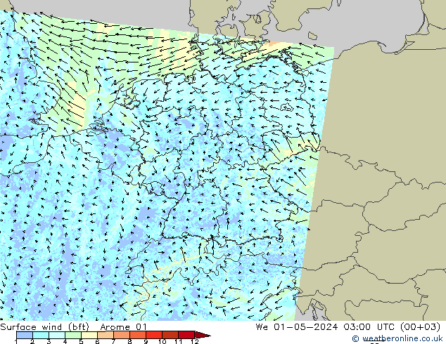 Surface wind (bft) Arome 01 We 01.05.2024 03 UTC