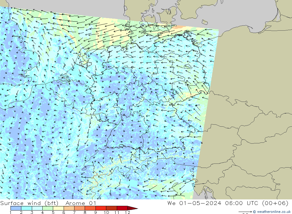 Surface wind (bft) Arome 01 We 01.05.2024 06 UTC