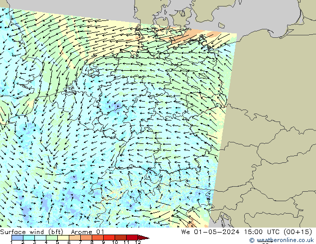 Vento 10 m (bft) Arome 01 Qua 01.05.2024 15 UTC