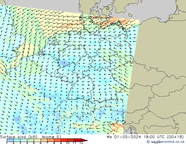 Vent 10 m (bft) Arome 01 mer 01.05.2024 18 UTC