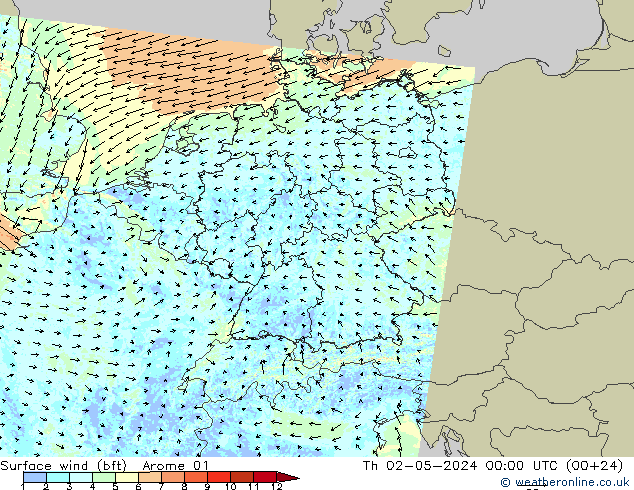 Surface wind (bft) Arome 01 Čt 02.05.2024 00 UTC