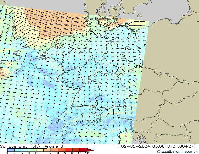Rüzgar 10 m (bft) Arome 01 Per 02.05.2024 03 UTC
