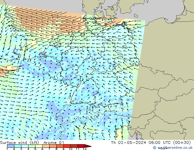 Surface wind (bft) Arome 01 Th 02.05.2024 06 UTC