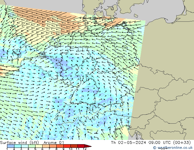 Vent 10 m (bft) Arome 01 jeu 02.05.2024 09 UTC