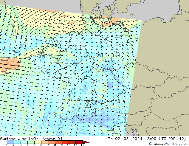 Bodenwind (bft) Arome 01 Do 02.05.2024 18 UTC