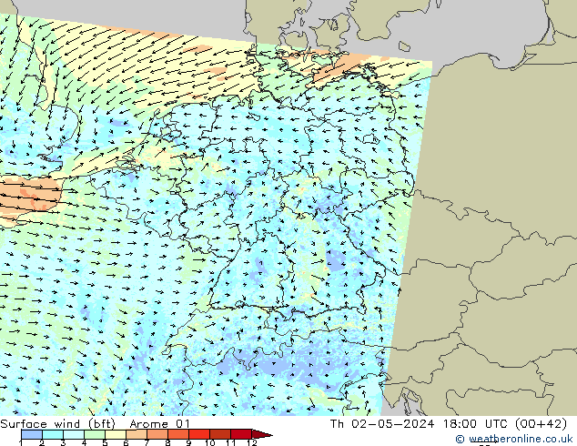 Vento 10 m (bft) Arome 01 Qui 02.05.2024 18 UTC