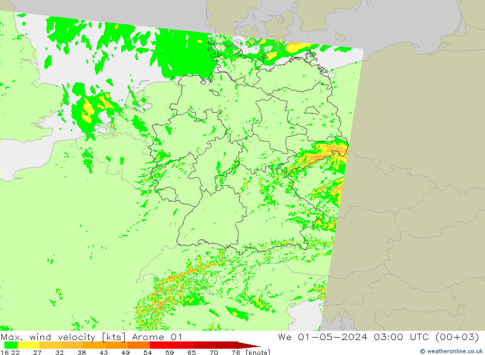 Max. wind velocity Arome 01 Qua 01.05.2024 03 UTC