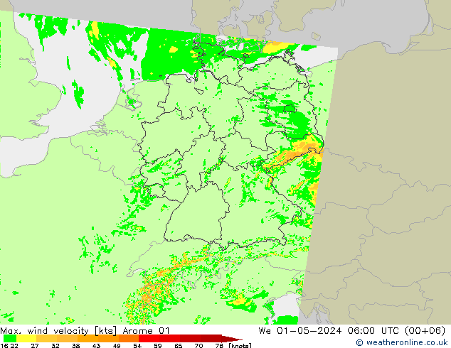 Max. wind velocity Arome 01 We 01.05.2024 06 UTC