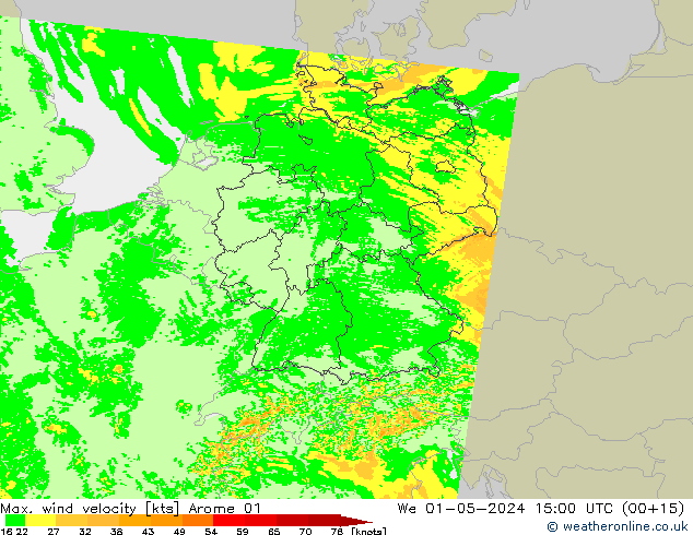 Max. wind velocity Arome 01 St 01.05.2024 15 UTC