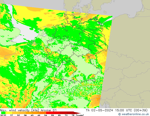 Max. wind velocity Arome 01 Th 02.05.2024 15 UTC