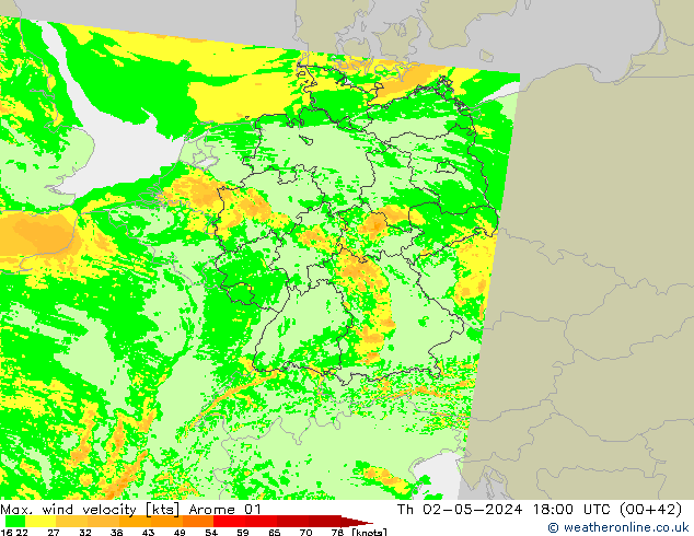 Max. wind velocity Arome 01 чт 02.05.2024 18 UTC