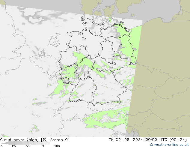 Cloud cover (high) Arome 01 Th 02.05.2024 00 UTC