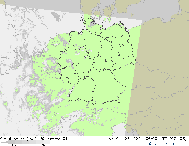 Cloud cover (low) Arome 01 We 01.05.2024 06 UTC