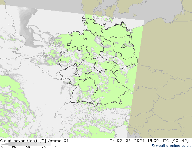 Cloud cover (low) Arome 01 Th 02.05.2024 18 UTC