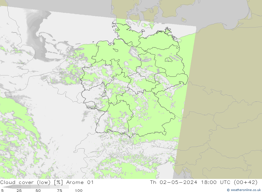 Cloud cover (low) Arome 01 Th 02.05.2024 18 UTC