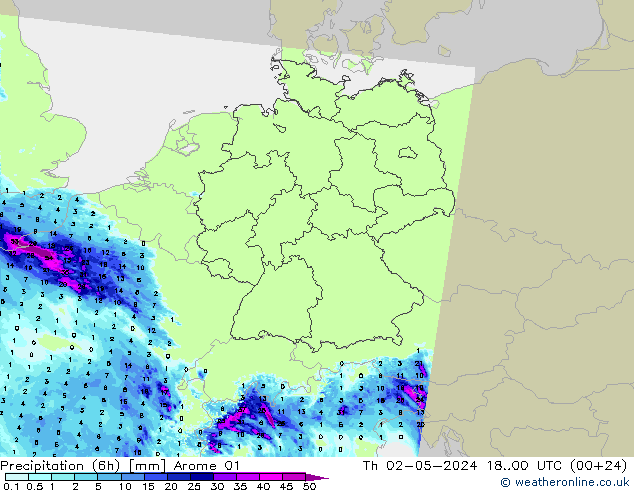 Precipitação (6h) Arome 01 Qui 02.05.2024 00 UTC