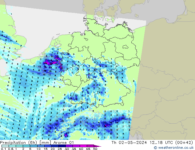 Totale neerslag (6h) Arome 01 do 02.05.2024 18 UTC
