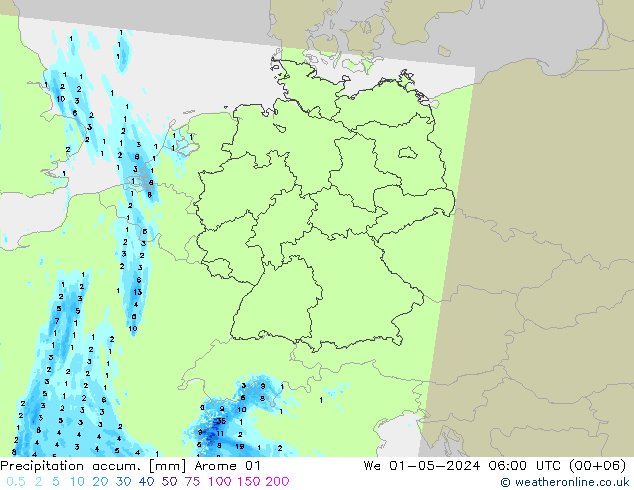 Nied. akkumuliert Arome 01 Mi 01.05.2024 06 UTC