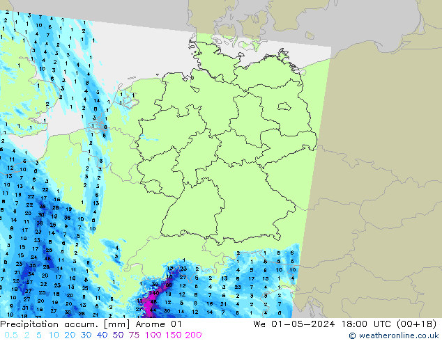 Precipitation accum. Arome 01 St 01.05.2024 18 UTC